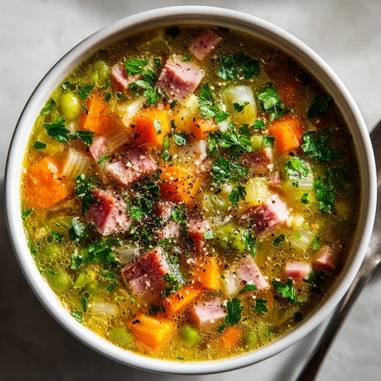 Close-up of savory Split Pea Soup with Ham, showcasing tender peas and smoky ham chunks; delicious.