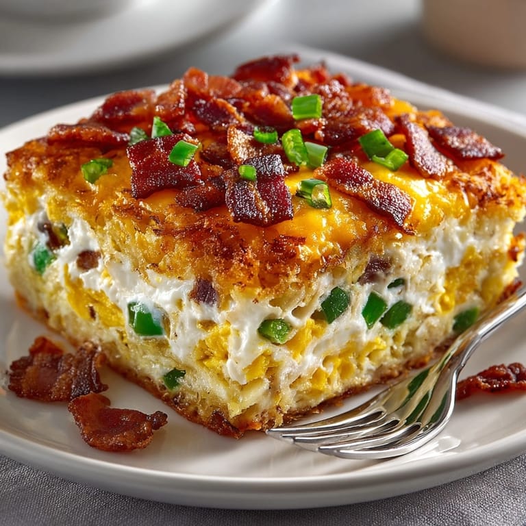 A warm, cheesy Bacon Hash Brown Casserole, ideal for brunch, ready to serve alongside fruit.