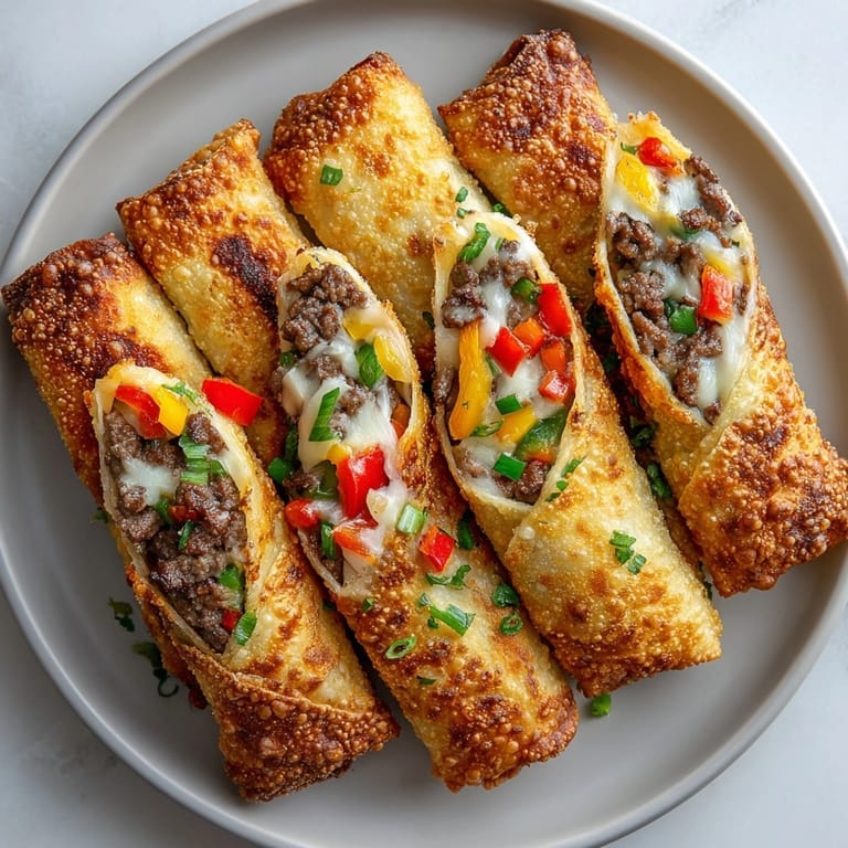 Perfectly-rolled Philly cheesesteak egg rolls showcasing the savory meat and veggie filling inside.