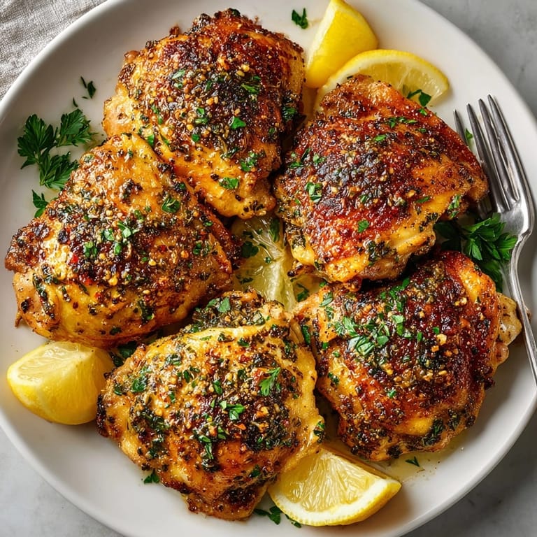 Juicy garlic herb chicken thighs served hot with lemon wedges and aromatic herb accents.