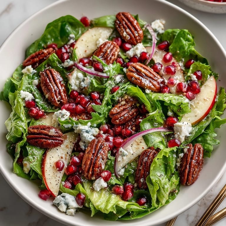 Fresh Pomegranate Pecan Salad tossed with honey vinaigrette, crisp greens, and crunchy nuts for flavor.