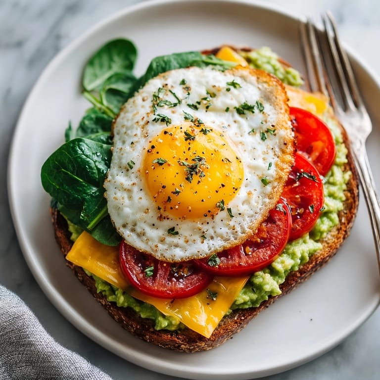 Close-up of breakfast sandwich with avocado and gooey cheese nestled between golden English muffins