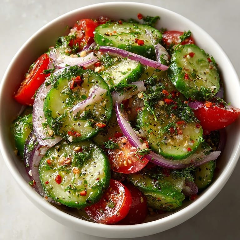 Close-up of Marinated Cucumbers, Onions, and Tomatoes featuring vibrant colors and crisp vegetable textures.