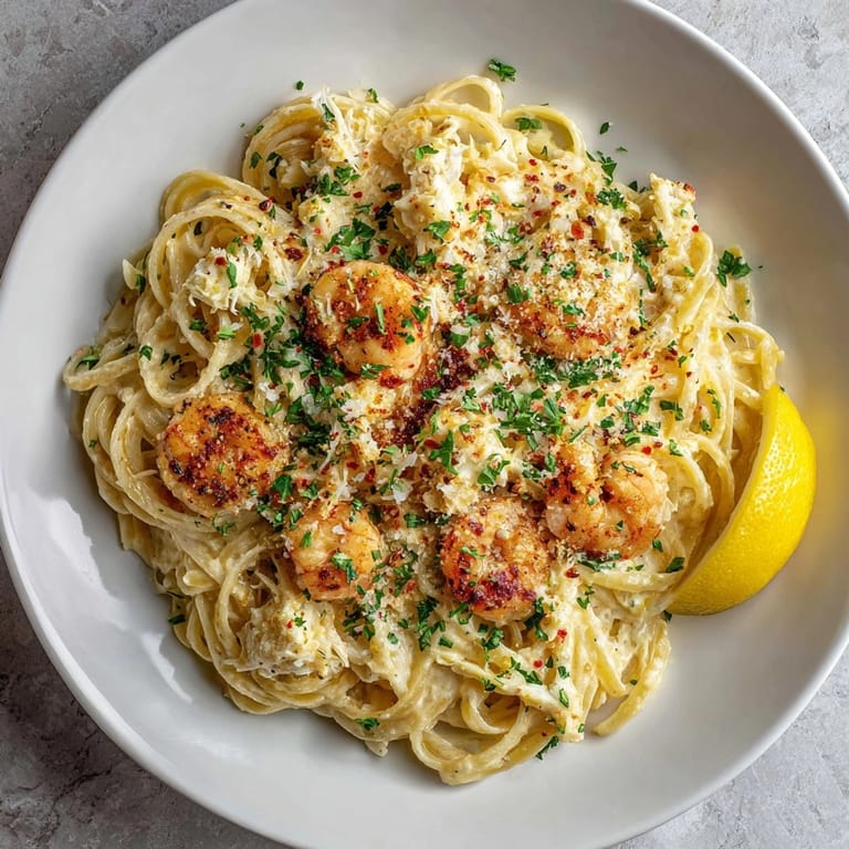 Creamy Cajun Sauce clings to shrimp and crab atop fresh pasta in this Shrimp &amp; Crab Pasta recipe.