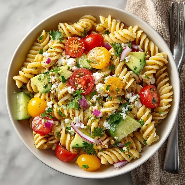 Homemade Avocado Lime Pasta Salad with crumbled feta, ready to be served chilled.