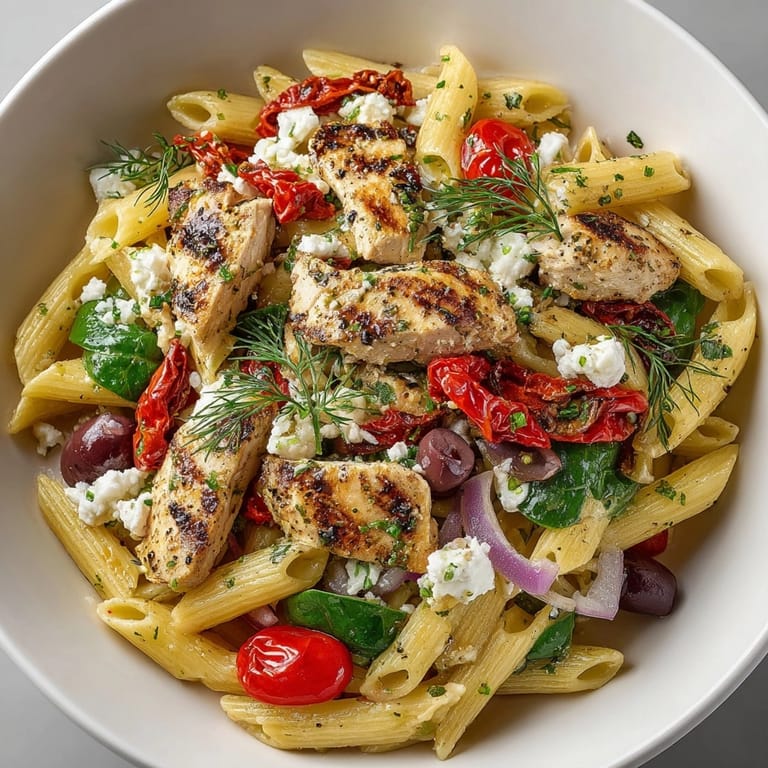 Top-down view: creamy Chicken and Feta Greek Pasta with feta piled high.