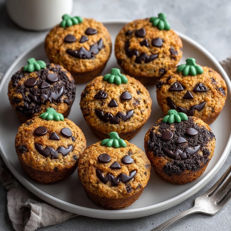 Homemade whole wheat pumpkin muffins with a fluffy texture, garnished with festive, playful faces.
