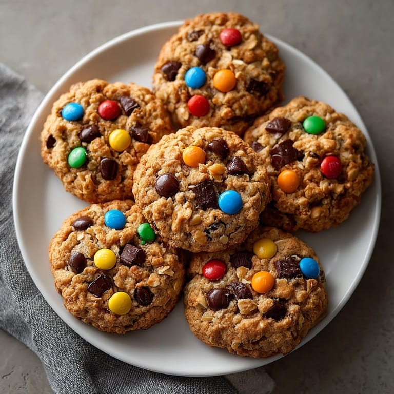 Close-up of soft, delicious homemade Gluten-Free Monster Cookies perfect paired with cold milk.