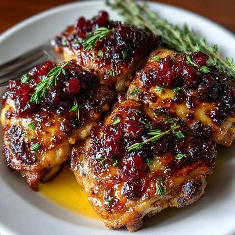 Close-up of Cranberry Balsamic Roast Chicken Thighs, showing crispy skin in a baking dish.