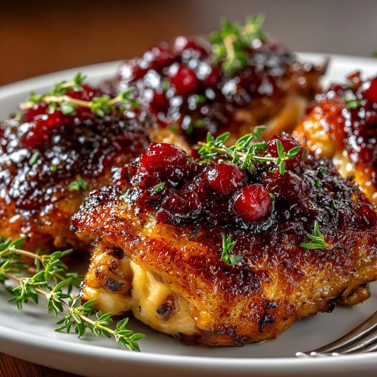 Tangy Cranberry Balsamic Roast Chicken Thighs served with thyme and cranberries—an easy dinner.