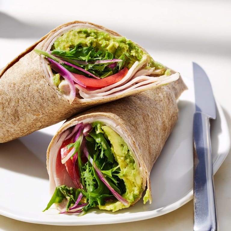Close-up of a delicious Turkey Avocado Wrap, showcasing layers of filling ingredients after slicing.