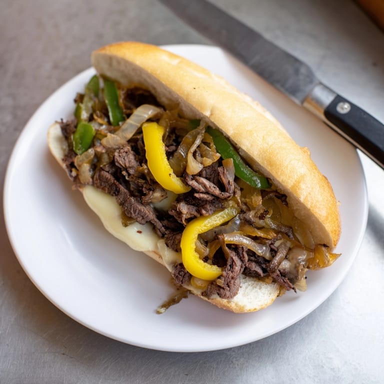 Stacked Philly Cheesesteak showing layers of tender beef, onions, and melted, gooey cheese.