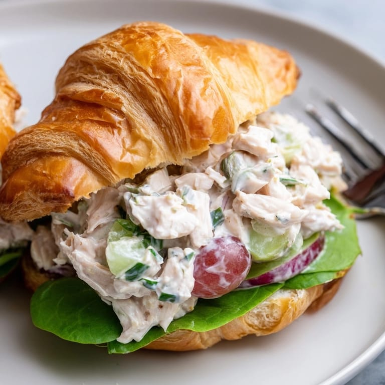 Homemade chicken salad croissant: golden, flaky pastry cradling cool, savory, satisfying picnic lunch.
