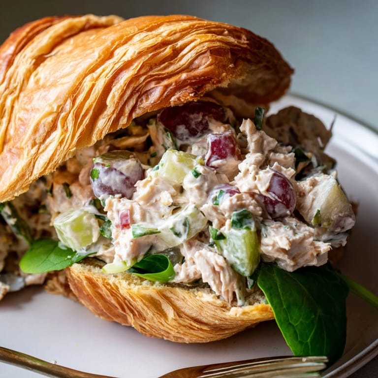 Chicken Salad Croissant layers chicken, greenery, and tomatoes—perfect for an at-home casual meal.