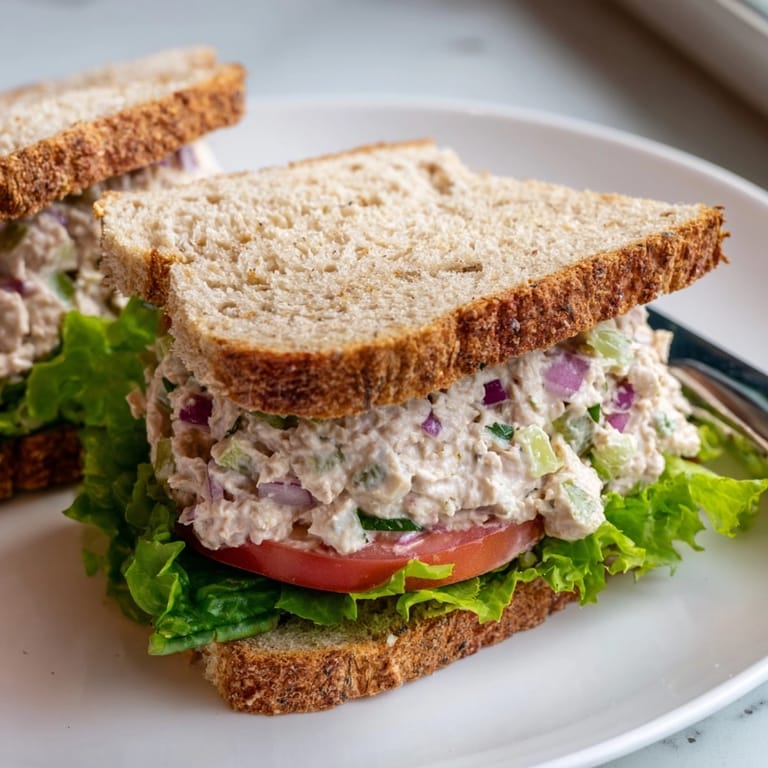 Close-up of a fresh tuna salad sandwich with ripe tomato slices and crisp lettuce.