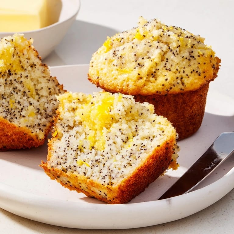 Fluffy Ricotta Lemon Poppyseed Muffins, sliced open to show moist crumb, ready to eat.