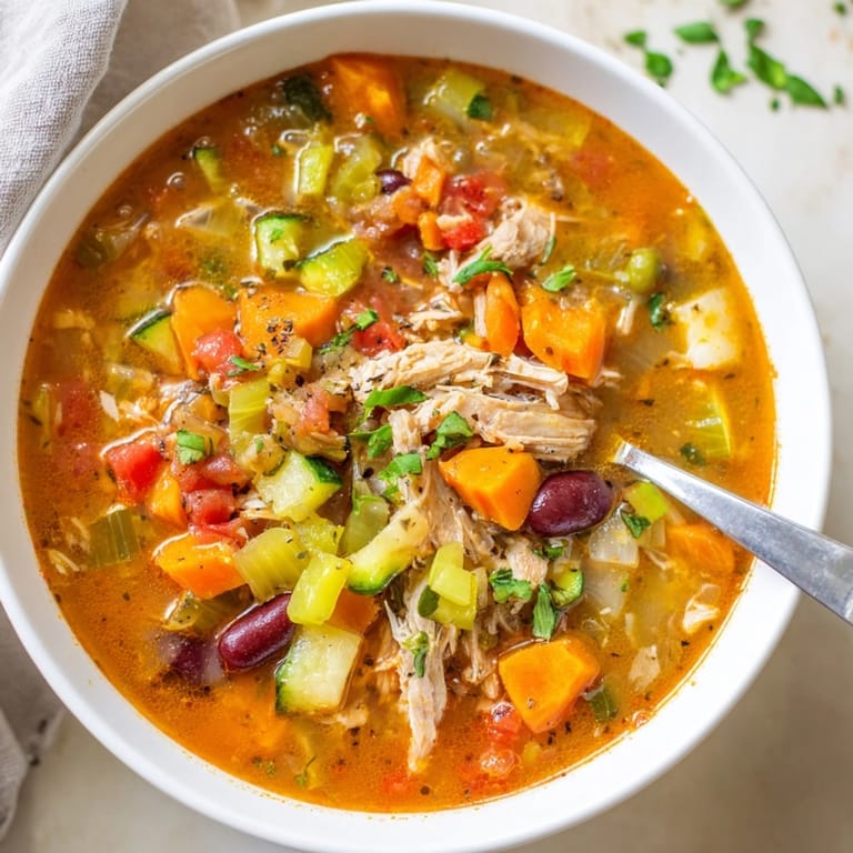 Hearty bowl of Cajun Turkey Veggie Soup steaming, garnished with parsley: savory comfort.