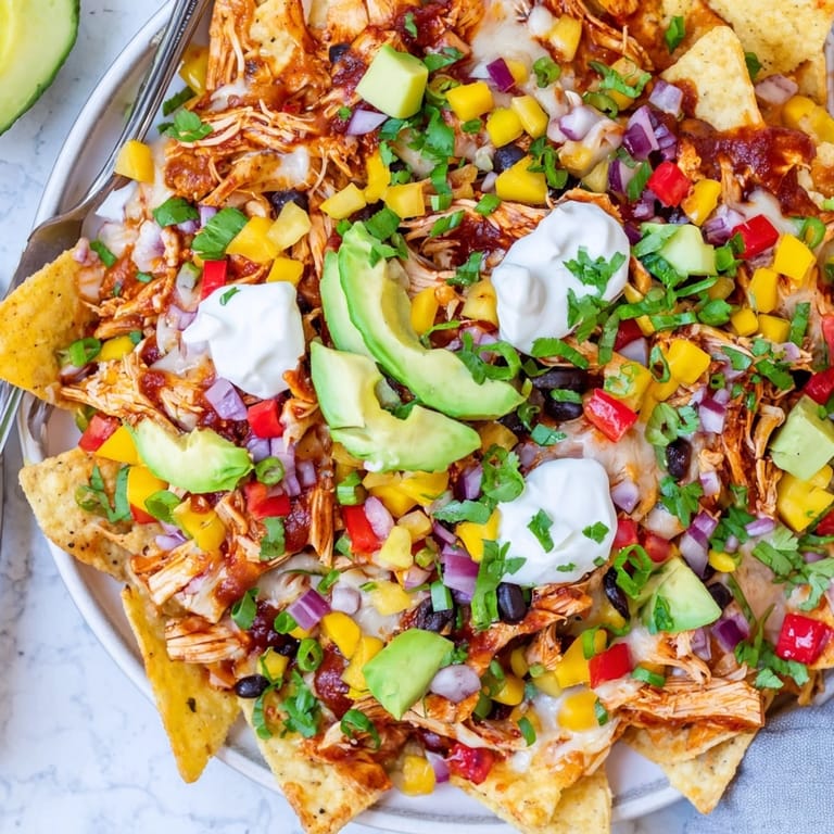 Golden, bubbly Mango Salsa BBQ Chicken Nachos, bursting with sweet and spicy homemade salsa.