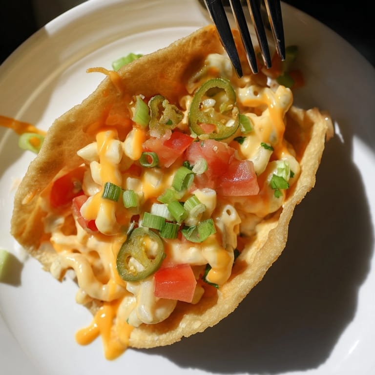 Close-up of *Mac and Cheese Parmesan Tacos*: a fusion of crunchy shells and warm, comforting pasta.