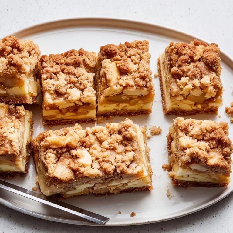 Close-up of delicious Ricotta Cinnamon Apple Pie Bars, crumbly topping visible.