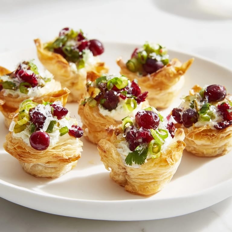 Deliciously creamy Cranberry Jalapeño Dip Puff Pastries served warm as a festive appetizer.  