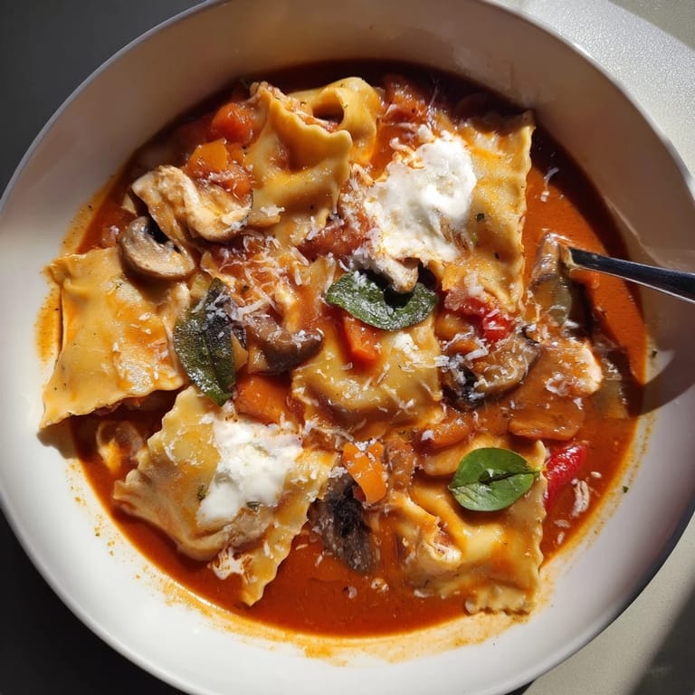 Comforting Lasagne Soup with rich tomato broth, sprinkled with savory mushroom crisps.