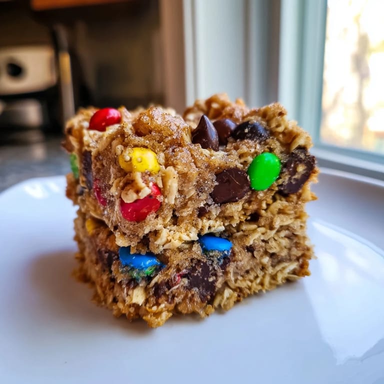 Indulgent cinnamon sugar monster cookie bars ready to serve with a glass of milk.