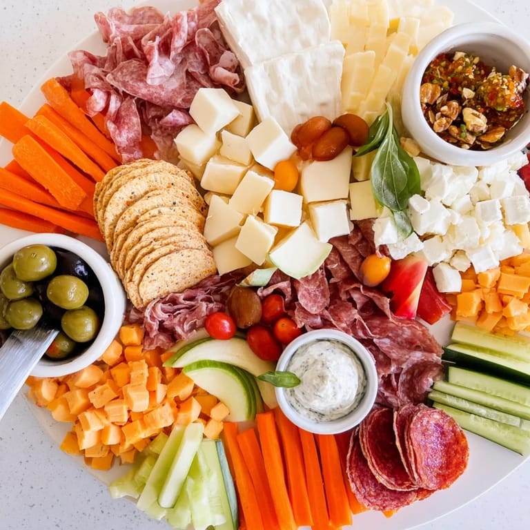 Vibrant Girl Dinner Platter bursting with flavors from cheeses, olives, and fresh veggies.