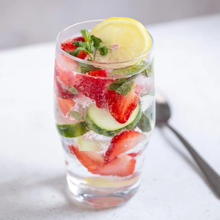 A delightful water-based mocktail featuring strawberries, lime, and fresh herbs served chilled.  