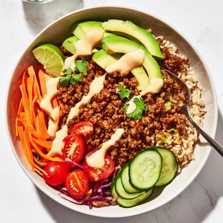 Savory Plant-Based Meat Bowl bursting with vibrant vegetables and spicy mayo drizzle.  