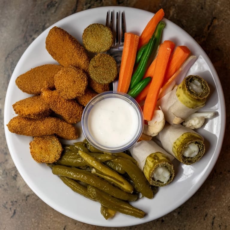 Gourmet Pickle Lovers Meal featuring golden fried pickles and assorted pickled veggies.