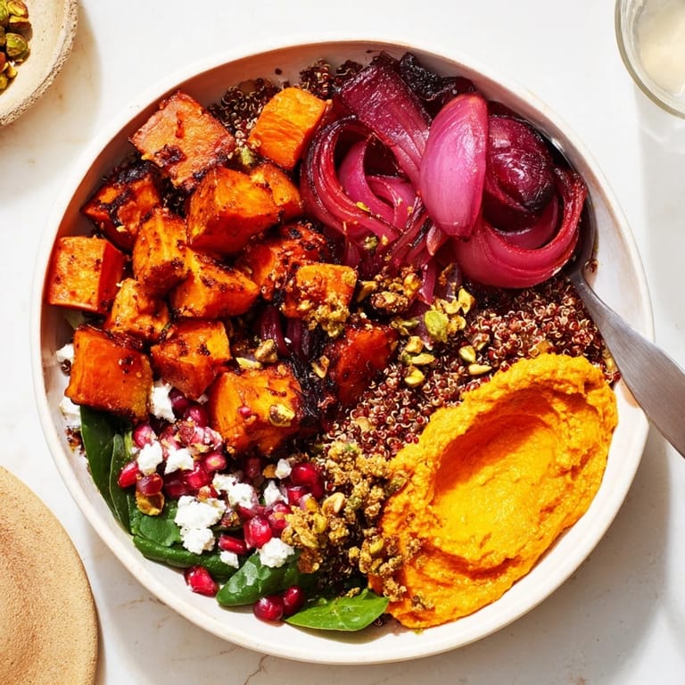 Warm, vibrant spiced winter bowls topped with pistachio-maple crumble and pomegranate seeds.  