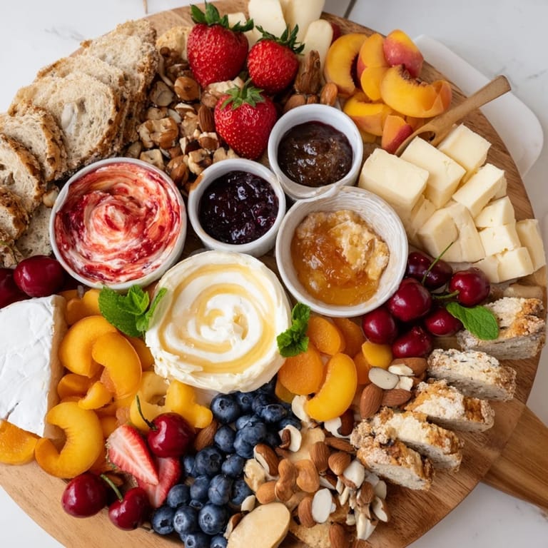 Elegant jam-infused brunch board with assorted cheeses and vibrant fruits for sharing.  