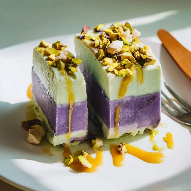 Delicious Ube & Pistachio Ice Cream Bars drizzled with sweetened condensed milk.  