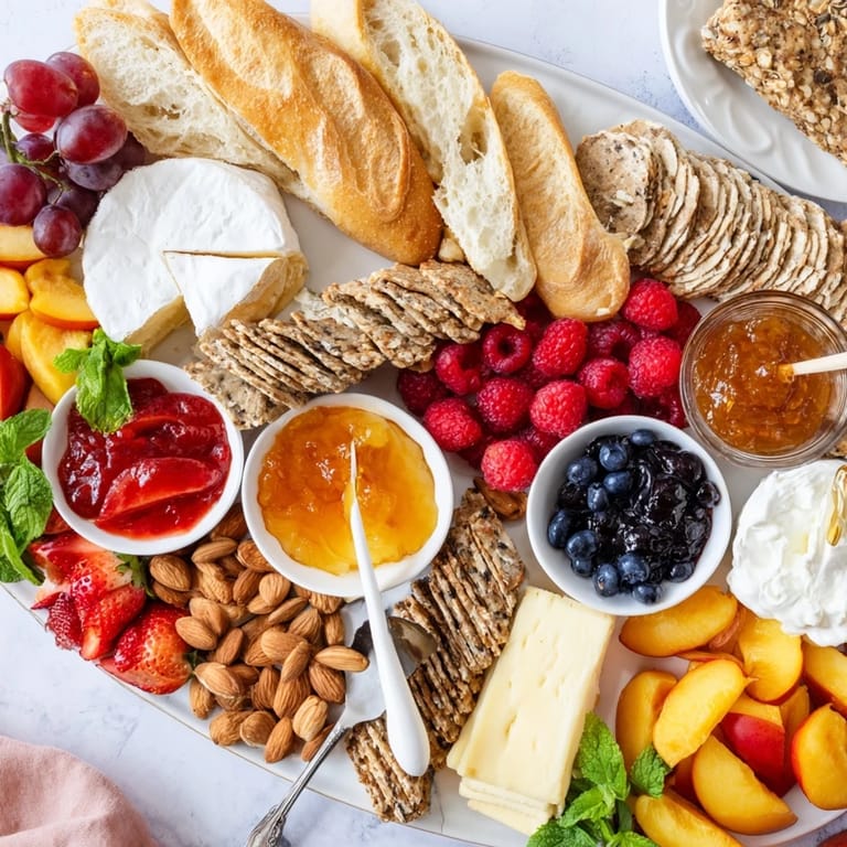 Elegant selection of jams, artisan breads, and fruits for a delightful brunch gathering.  