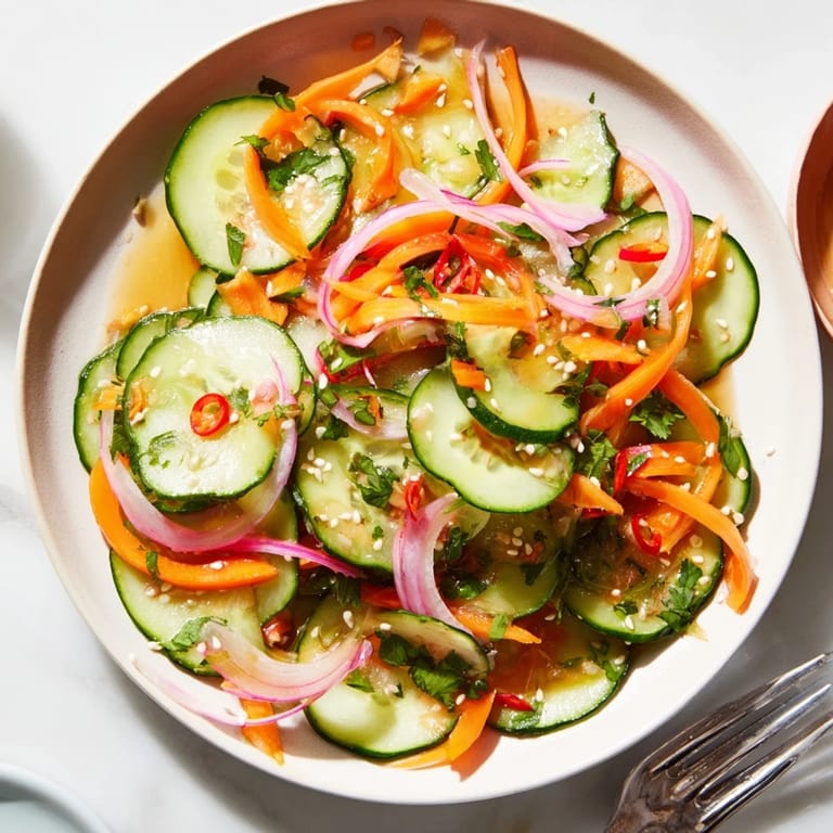 Crisp cucumber salad remix drizzled with tangy dressing, perfect alongside grilled dishes.