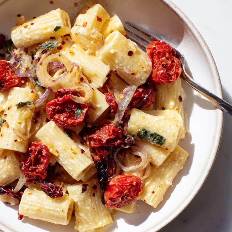 Delicious baked feta pasta dish bursting with flavors of garlic and fresh basil.