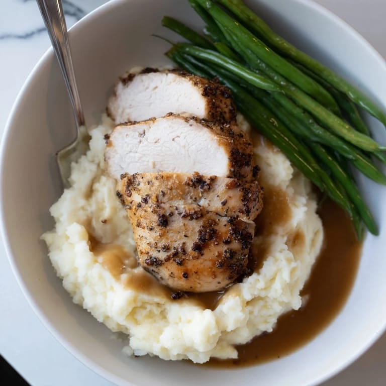 Comforting Pork Chops & Cheddar Mash Bowl served with vibrant, crisp green beans.  