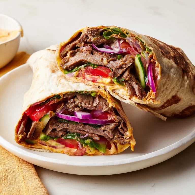 Delicious beef shawarma with vibrant vegetables and rich, creamy yogurt dressing.