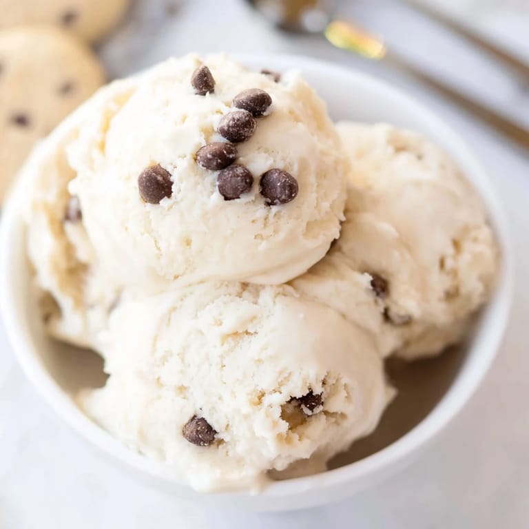 Delicious homemade cottage cheese ice cream featuring chunks of chocolate chip cookie dough.  