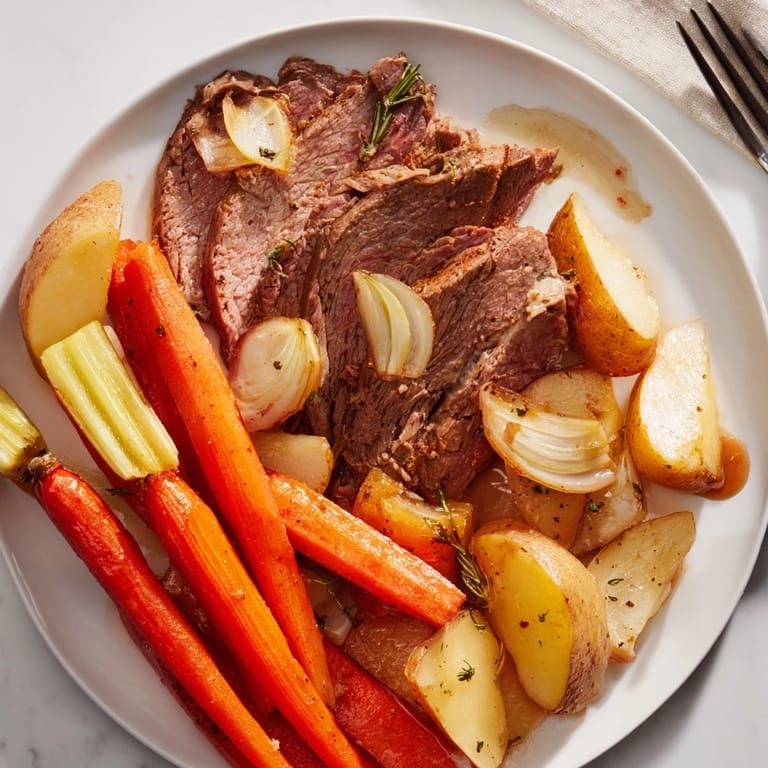 Hearty Sunday Pot Roast served with tender carrots and creamy potatoes, perfect for family dinners.  