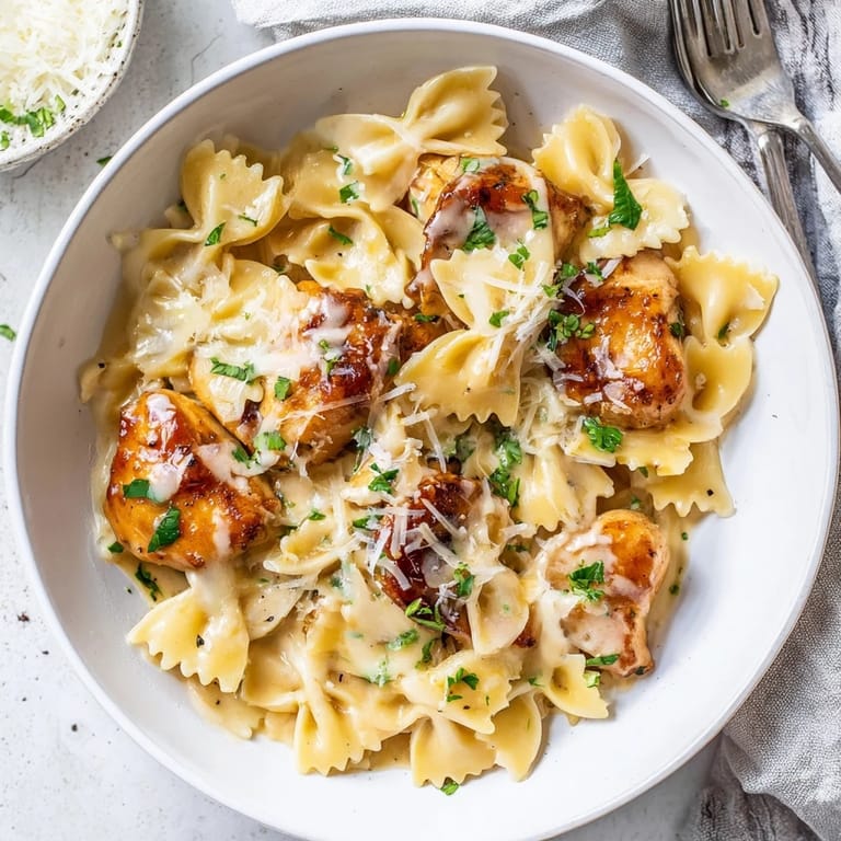 Creamy garlic butter sauce envelops tender chicken and bowtie pasta, perfect for dinner.  