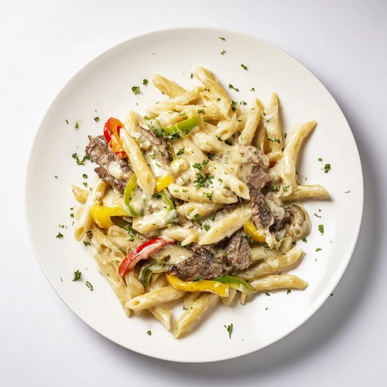 Creamy Philly cheesesteak pasta with tender beef and vibrant peppers, perfect for a satisfying dinner.