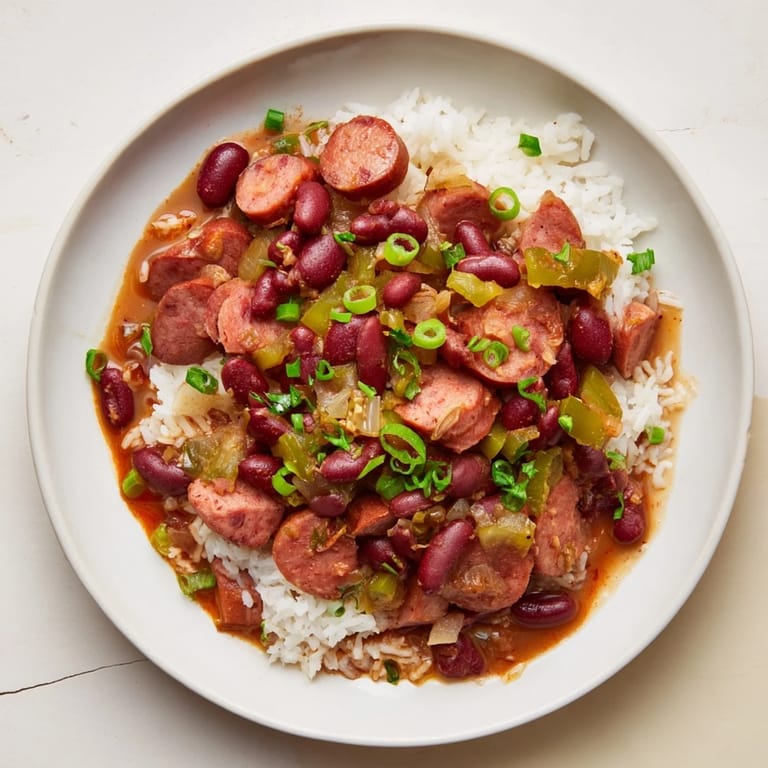 Hearty Red Beans & Rice served with fluffy white rice, topped with fresh green onions for a pop of color.