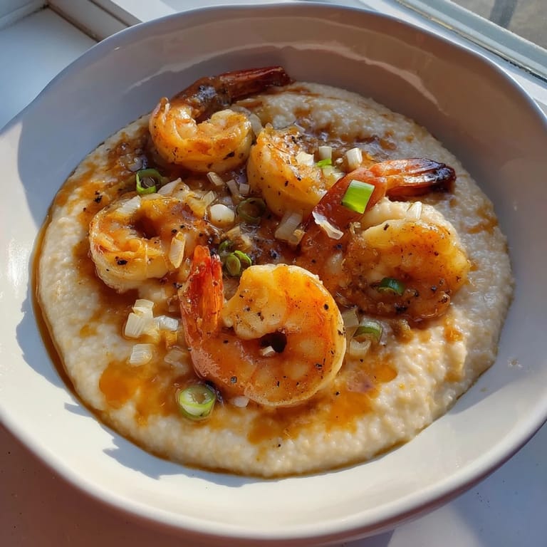 Golden, garlic-infused shrimp atop creamy grits, a flavorful Southern Shrimp & Grits recipe.