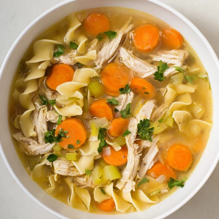 Flavorful & hearty homemade chicken noodle soup, with chunks of chicken and vibrant carrot pieces.