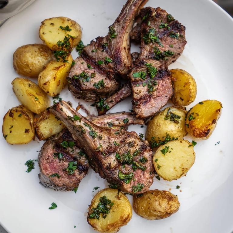 Close-up of perfectly seared herbed lamb chops, served with herb-infused roasted potatoes.
