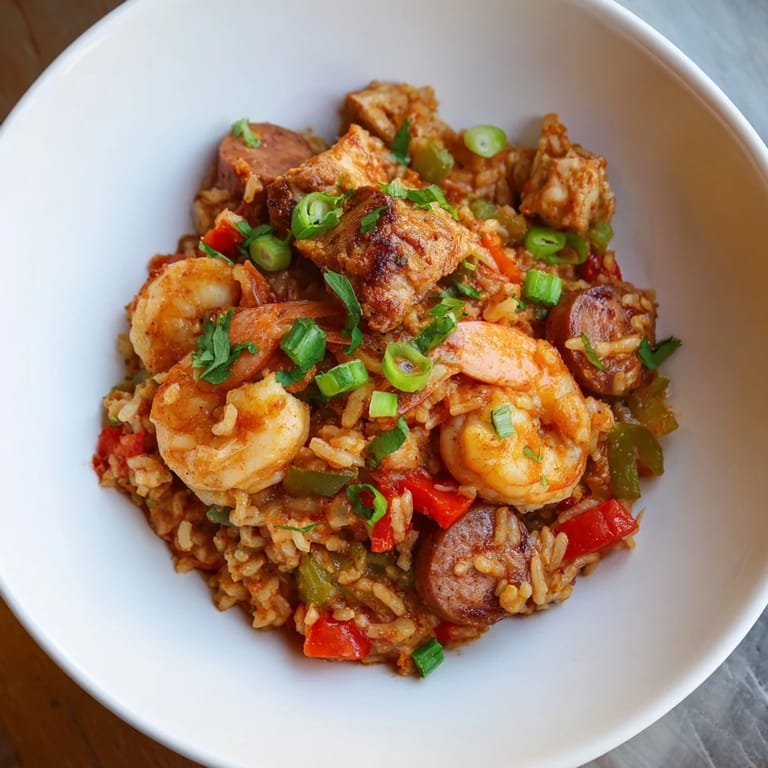 Bowl of savory Cajun Jambalaya Rice, with a rich broth, garnished with fresh herbs and green onions.