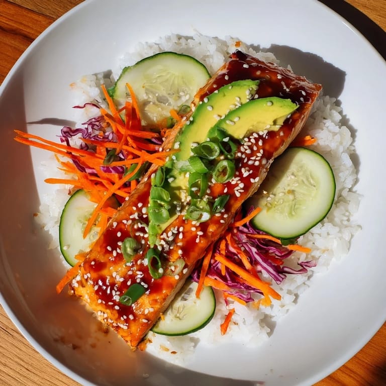 This Sweet Chili Salmon Rice Bowl features glistening salmon atop fluffy rice, ready to eat and enjoy.