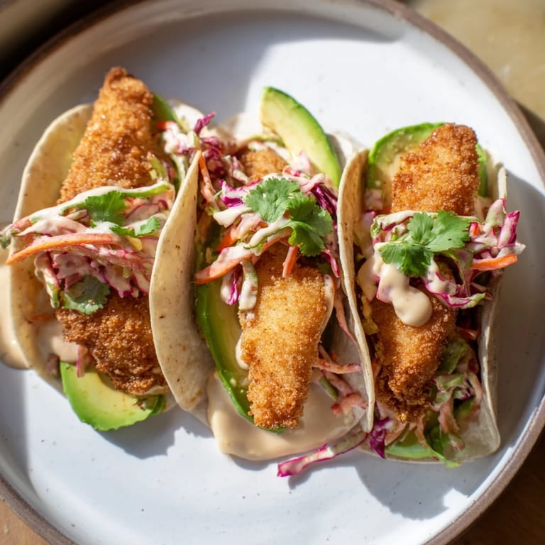 Close-up of freshly made crispy fish tacos, showing golden fried fish and colorful slaw filling.